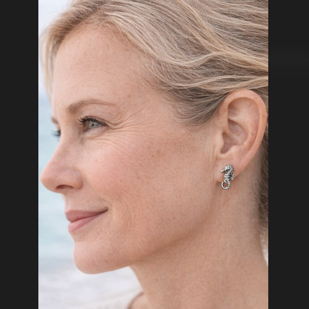 J. Jill Seahorse Stud Earrings Silver Tone Textured Coastal Beach Ocean Inspired